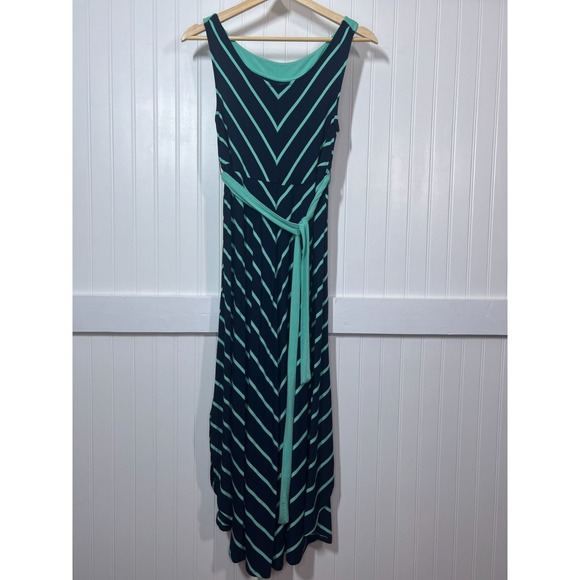 Liz Lange Maternity Dress Twee Cute Blue Stripe Chevron Print Sleeveless Belted - Picture 1 of 10